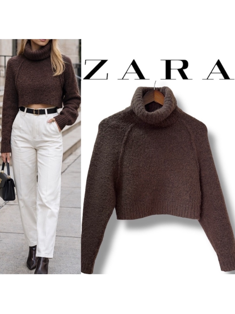 Zara M Brown Wool Blend Cropped Turtleneck Sweater Chunky Knit Cozy Minimalist